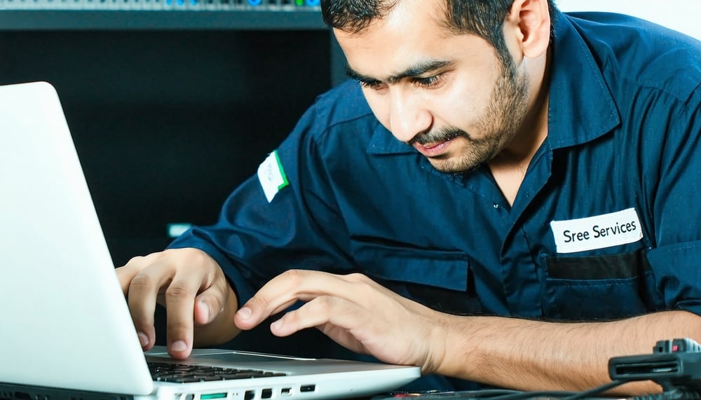 Technician repairing a laptop at Sree Services