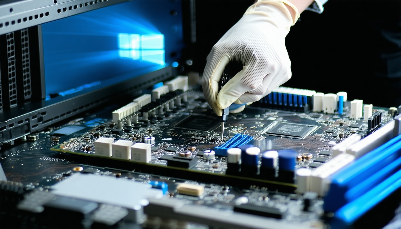 Technician repairing a computer motherboard