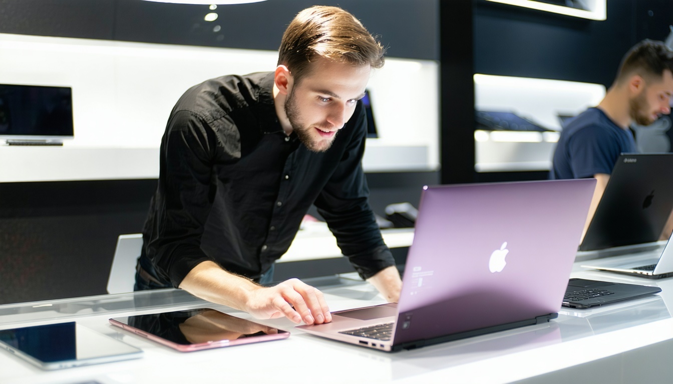 Customer choosing a new laptop in a showroom